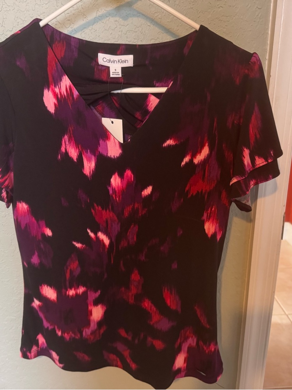 Calvin Klein Black Top with Magenta Brushstroke Floral